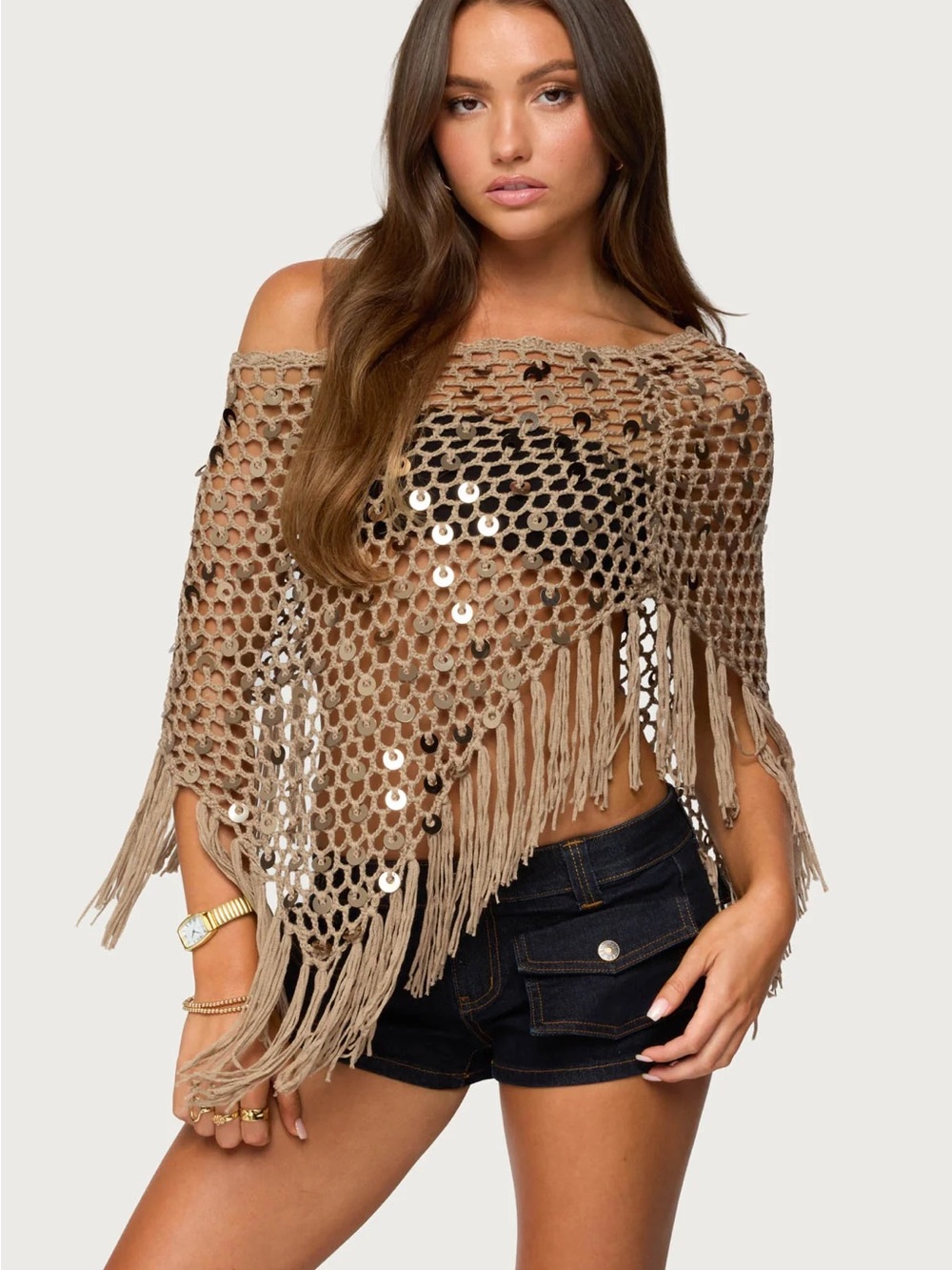 Boho Fringe Crochet Poncho Sweater - Taupe